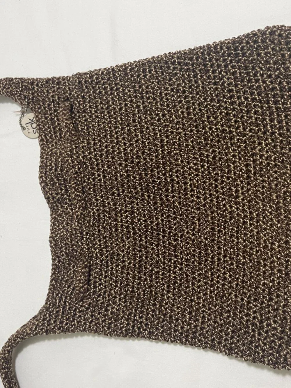 The Sak Brown Crochet Knit Drawstring Shoulder Bag Boho Slouch Hobo Purse